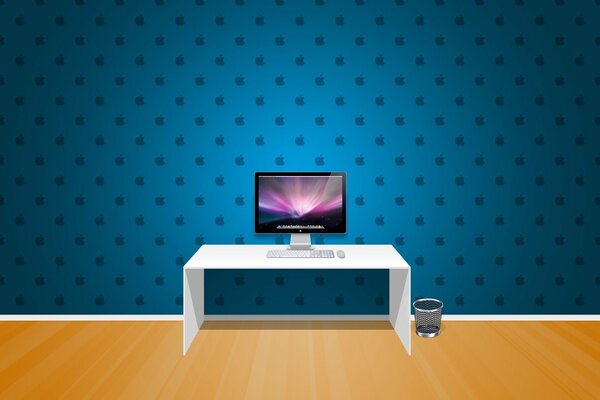 Apple 6a desktop computer on a background of blue walls