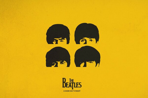 Banda de música de la leyenda de los Beatles, cara de portada cuarteto sobre fondo amarillo, la gente con una mirada a los ojos