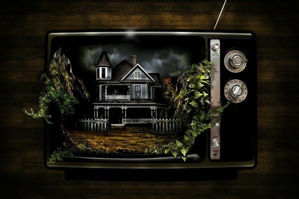 TV retrò raffigurante un antica casa scura e piante verdi