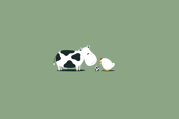 Cartoon Kuh und Huhn auf grünem Hintergrund