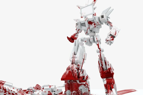 A white robot splattered with blood