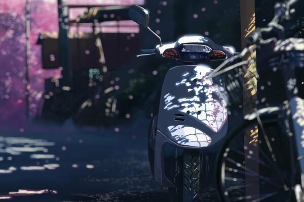 Motorcycle and bicycle, on the street pillar, road