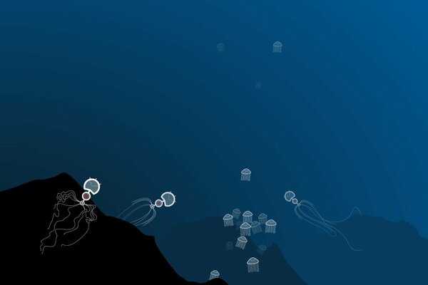 A family of jellyfish living in an ocean full of hills