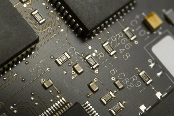 The image of the microcircuit is up close, enhanced