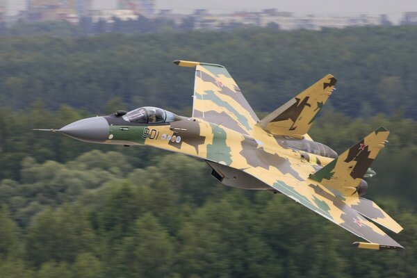 A Russian bomber over a dense green forest