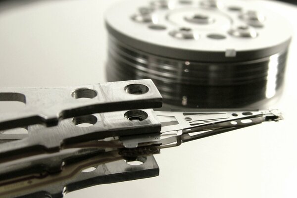 Magnetic disk spindle in black and white photo