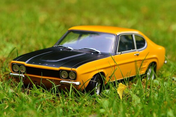 Игрушечный желтый автомобиль на газоне