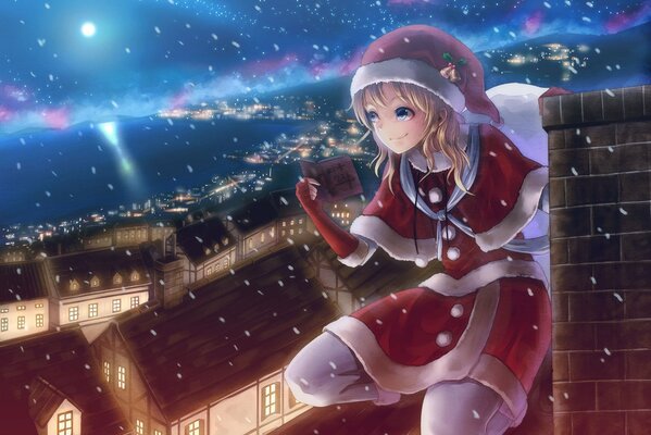 A girl in a snow maiden costume, on the roof with a book in her hand