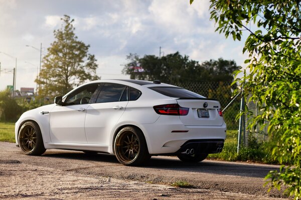 BMW blanco en la vista trasera de la carretera cerca de la valla