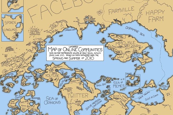 Mapa con las marcas de los continentes de la comunidad en línea de los sitios Facebook, Windows, Vkontakte