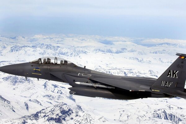 Avion militaire au-dessus des montagnes enneigées