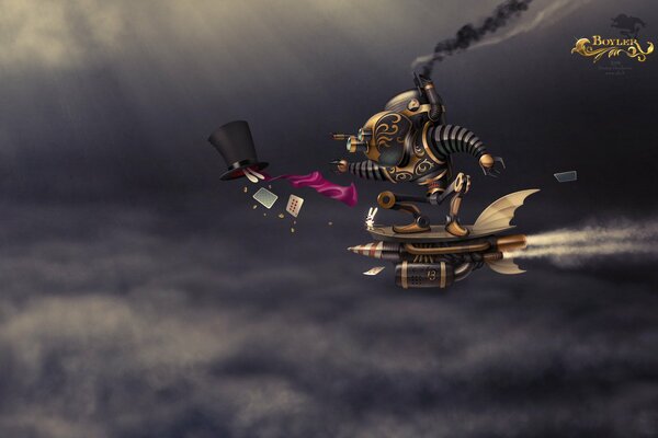 Robot steampunk sur fond sombre et sale