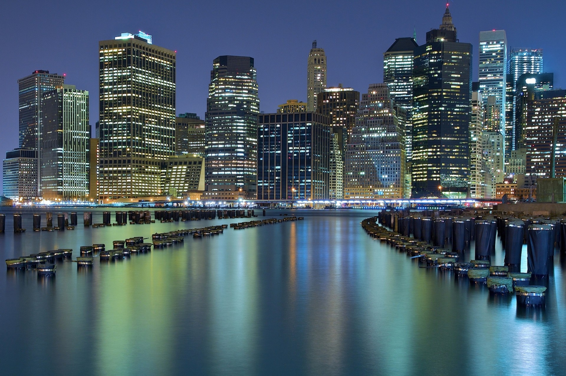 baie new york piles gratte-ciel bâtiment ville de nuit