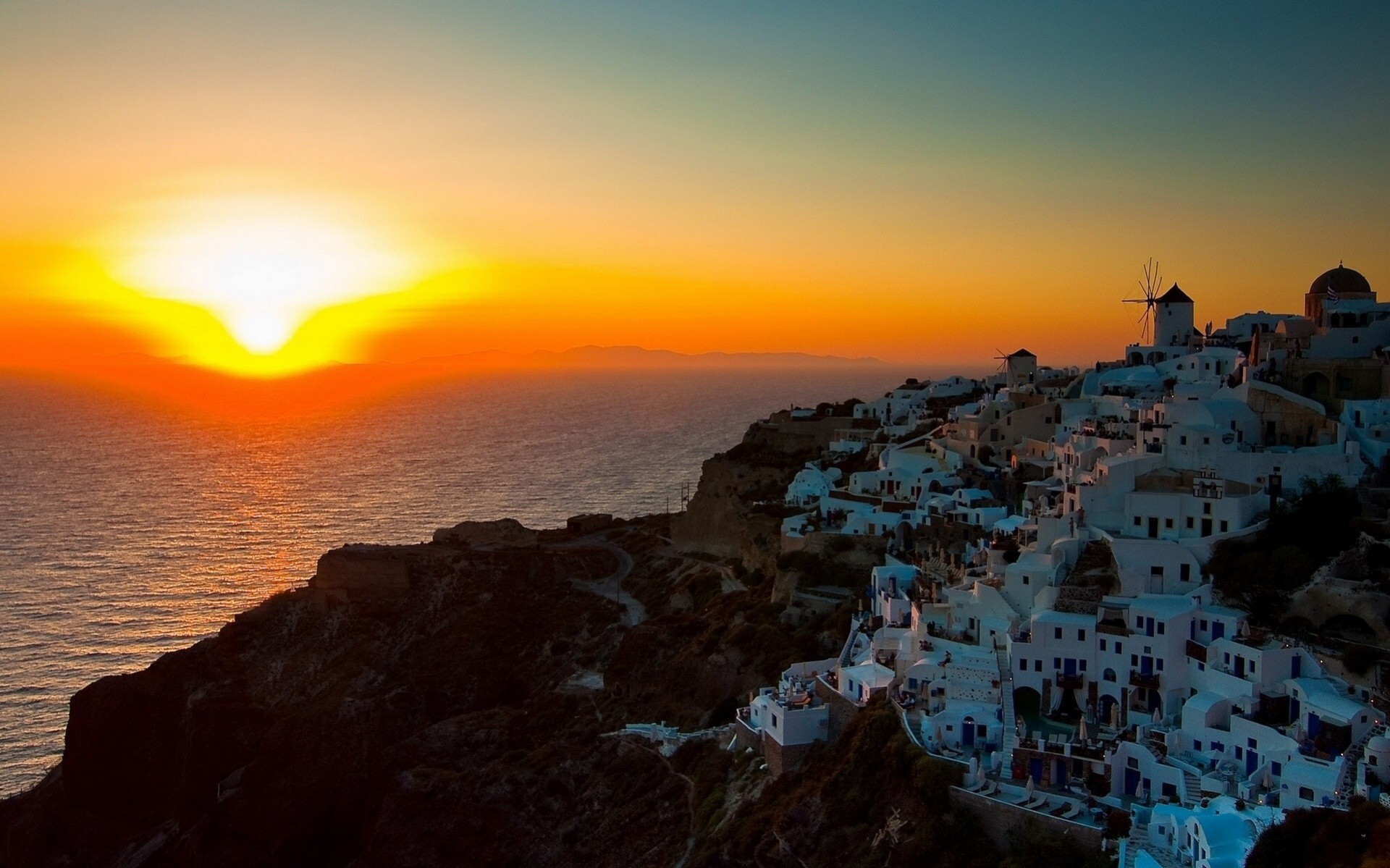 landscape sunset coast sea greece santorini oia aegean sea