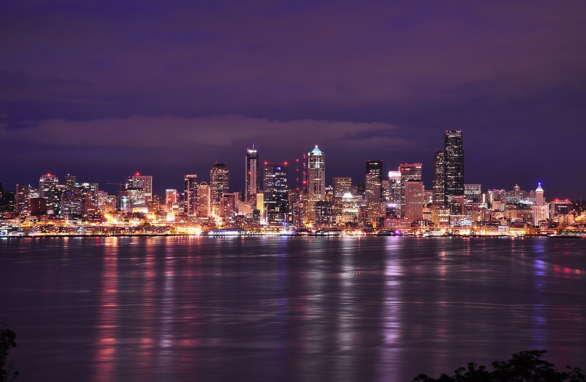 ciel etats-unis washington seattle nuit violet lumières baie ville