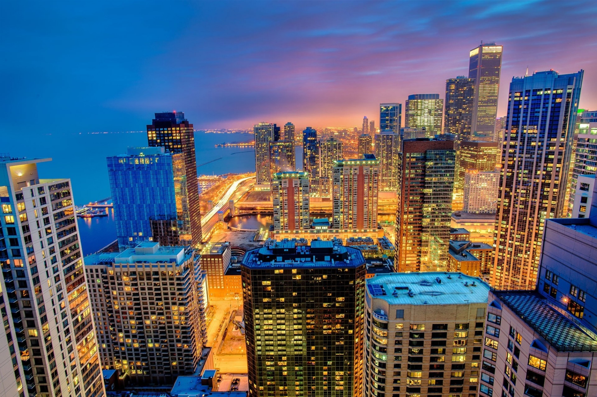 panorama chicago città notte vista stati uniti illinois grattacieli edificio altezza illuminazione luce