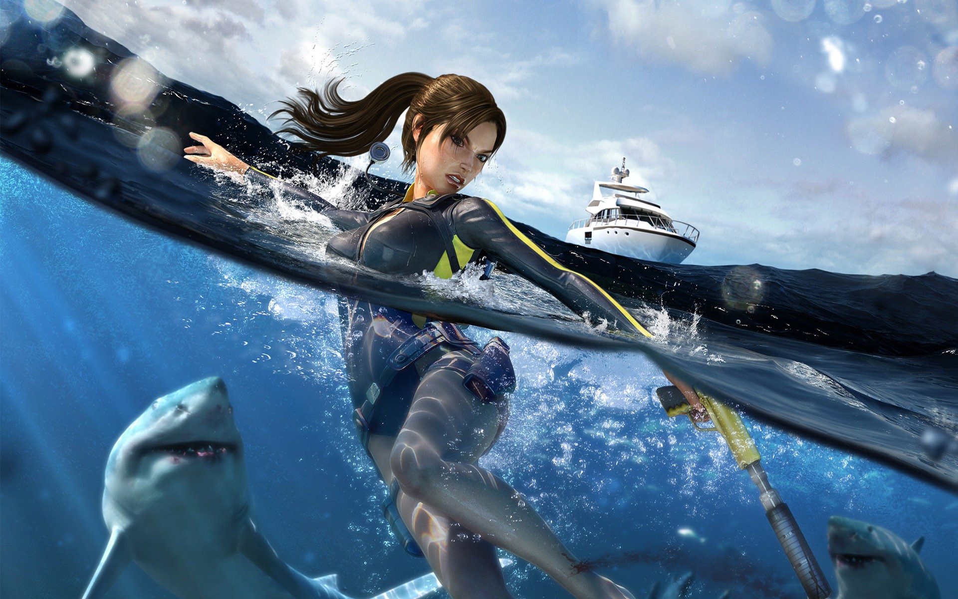 tomb raider underworld lara croft yacht water shark