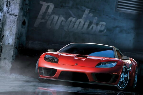 Coche rojo Burnout paradise en un fondo oscuro