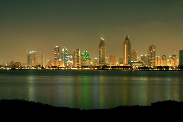 Landscape with a view of the night city with skyscrapers