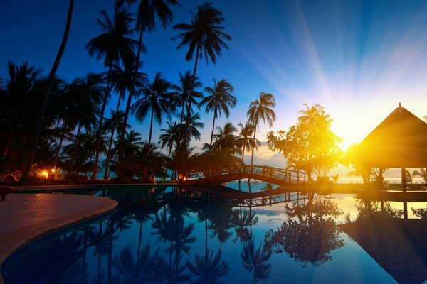 Dawn on the ocean. Bungalows and palm trees