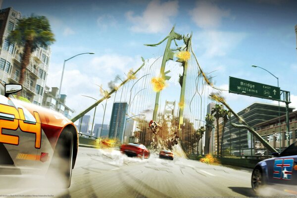 Cars are flying fast around the city, everything explodes around because the speed is like hell