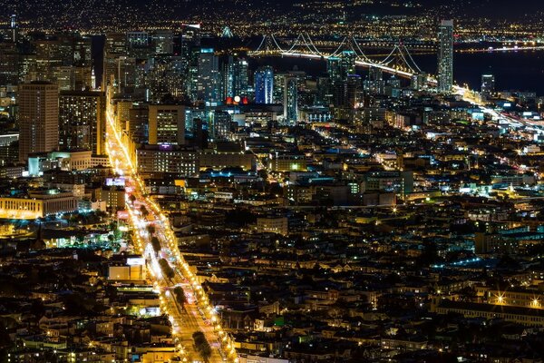 Bird s-eye view of the busy city at night