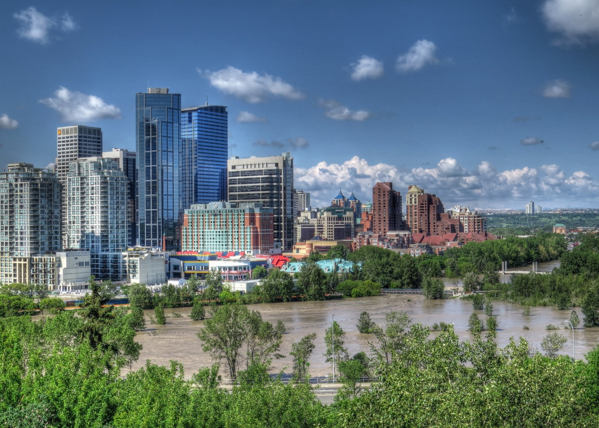 fluss calgary bäume bowe river kanada gebäude panorama