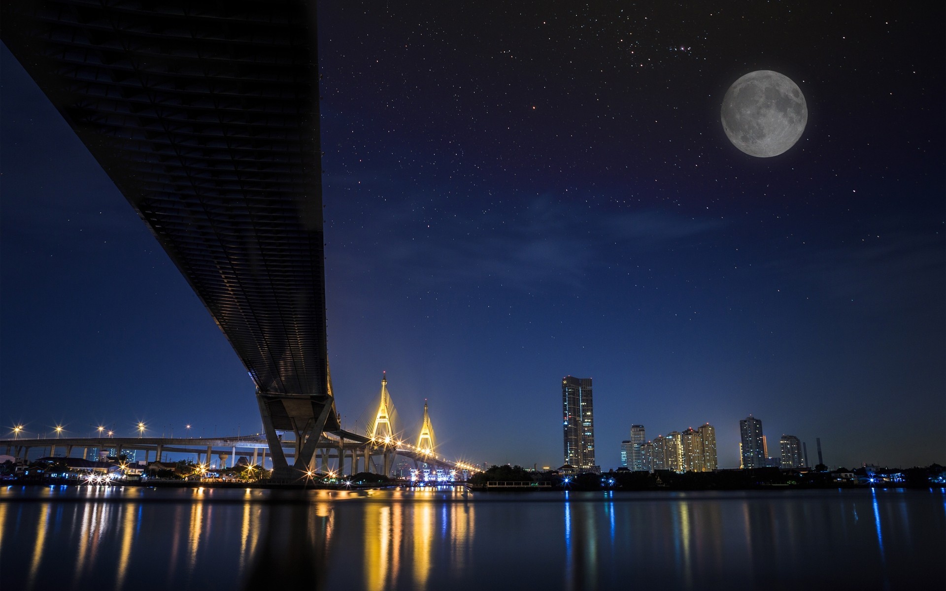 luces noche río puente ciudad luna