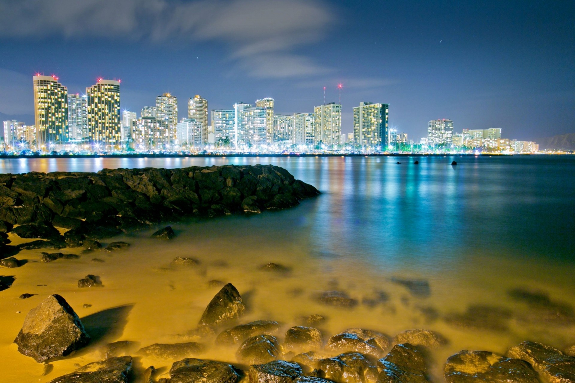 piedras honolulu bahía hawaii ciudad nocturna