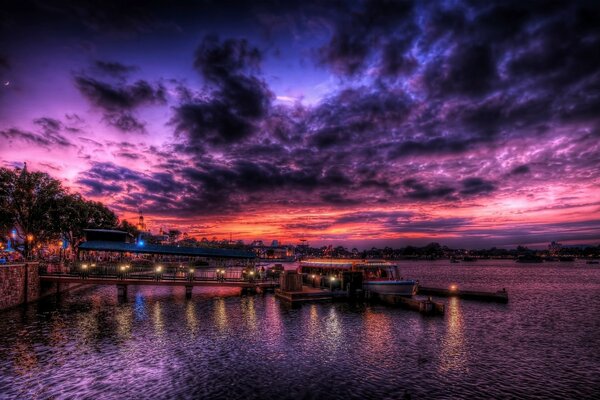 Night view of the port by the sea