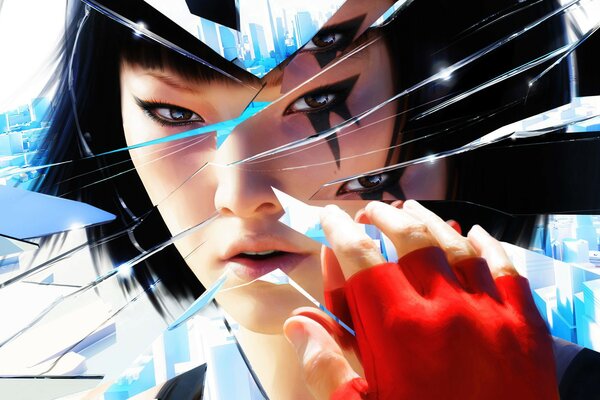 Riflessione della ragazza di mirrors edge in uno specchio rotto