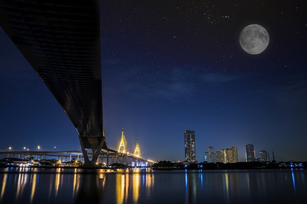 Night city in lights under the moonlight