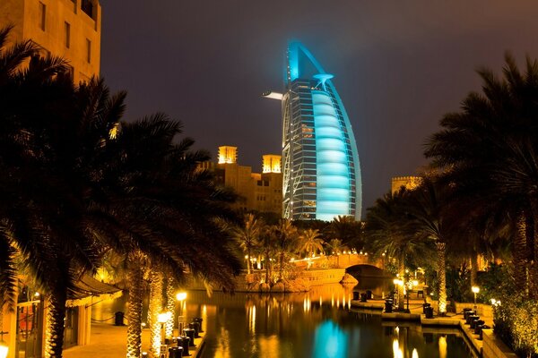 Der Fluss spiegelt Palmen und Häuser wider. dubai