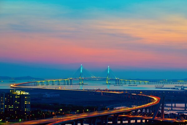 Bridge Road Path Paint Lights Evening Night Sunset Sky