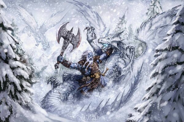 A bearded Viking with a two-handed axe is fighting an unequal battle with an ice dragon