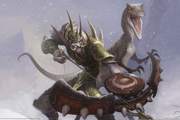 Art du monde de Warcraft avec le chasseur et son animal de compagnie
