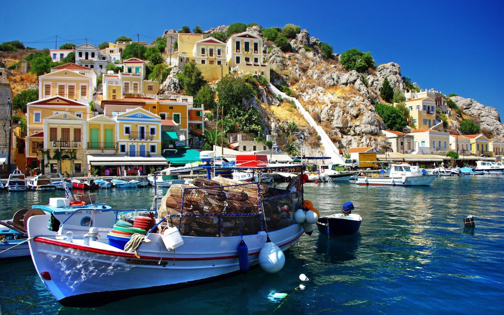 naturaleza carga grecia mar montañas barcos casas