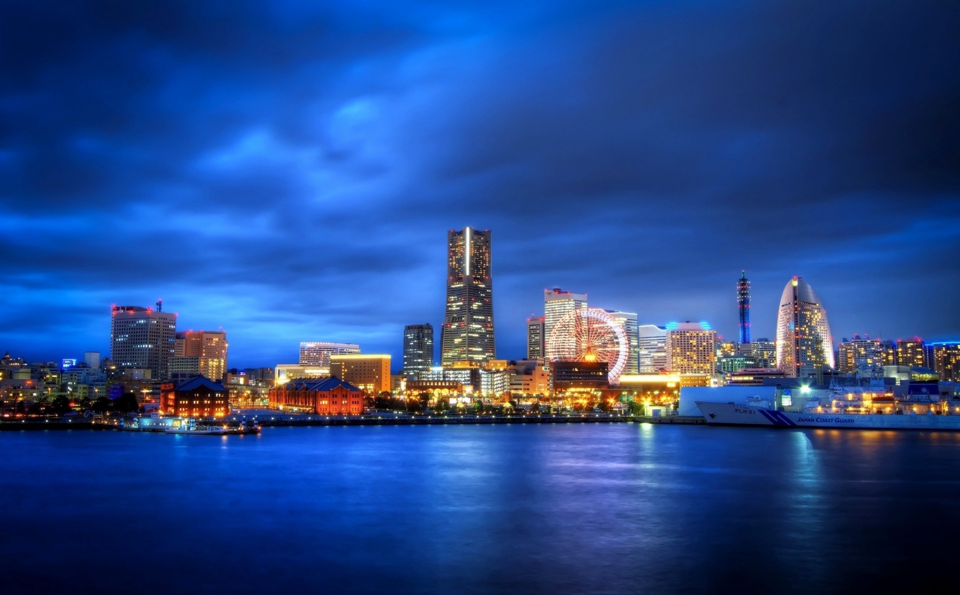 lichter bucht nacht yokohama wolkenkratzer tokio stadt riesenrad präfektur kanagawa kanagawa japan