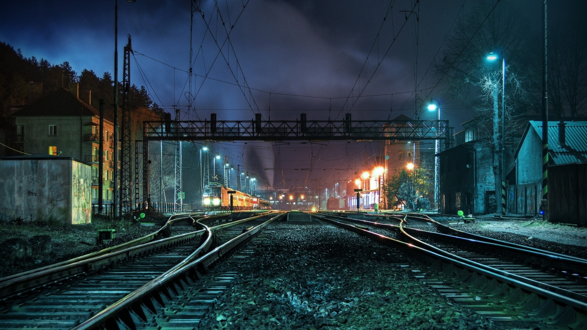 light blue night town station