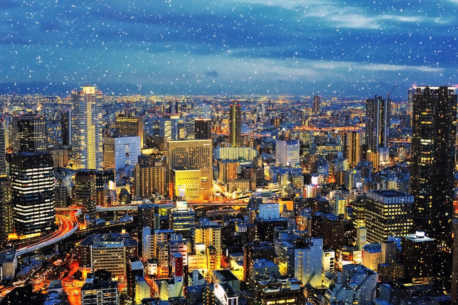 luces tokio ciudad noche nieve invierno