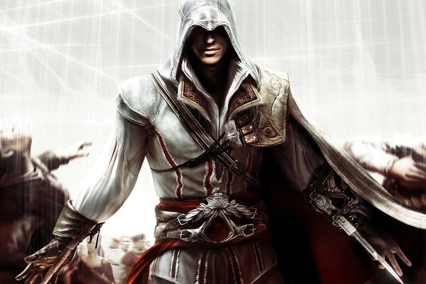 El personaje principal del juego Assassins Creed sobre un fondo blanco