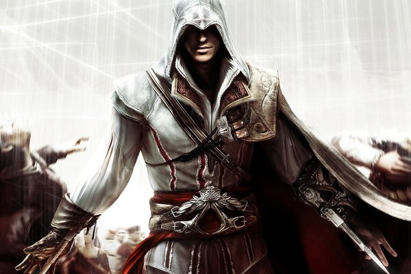 Il protagonista del gioco assassin s Creed su sfondo bianco