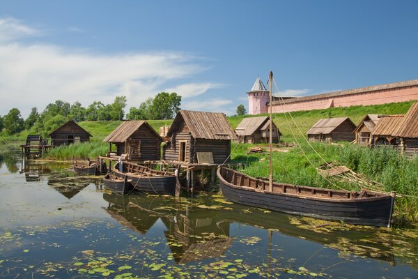 Boats on the river bank in the village