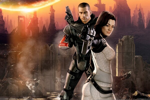 Miranda and Shepard on the background of the destroyed Earth