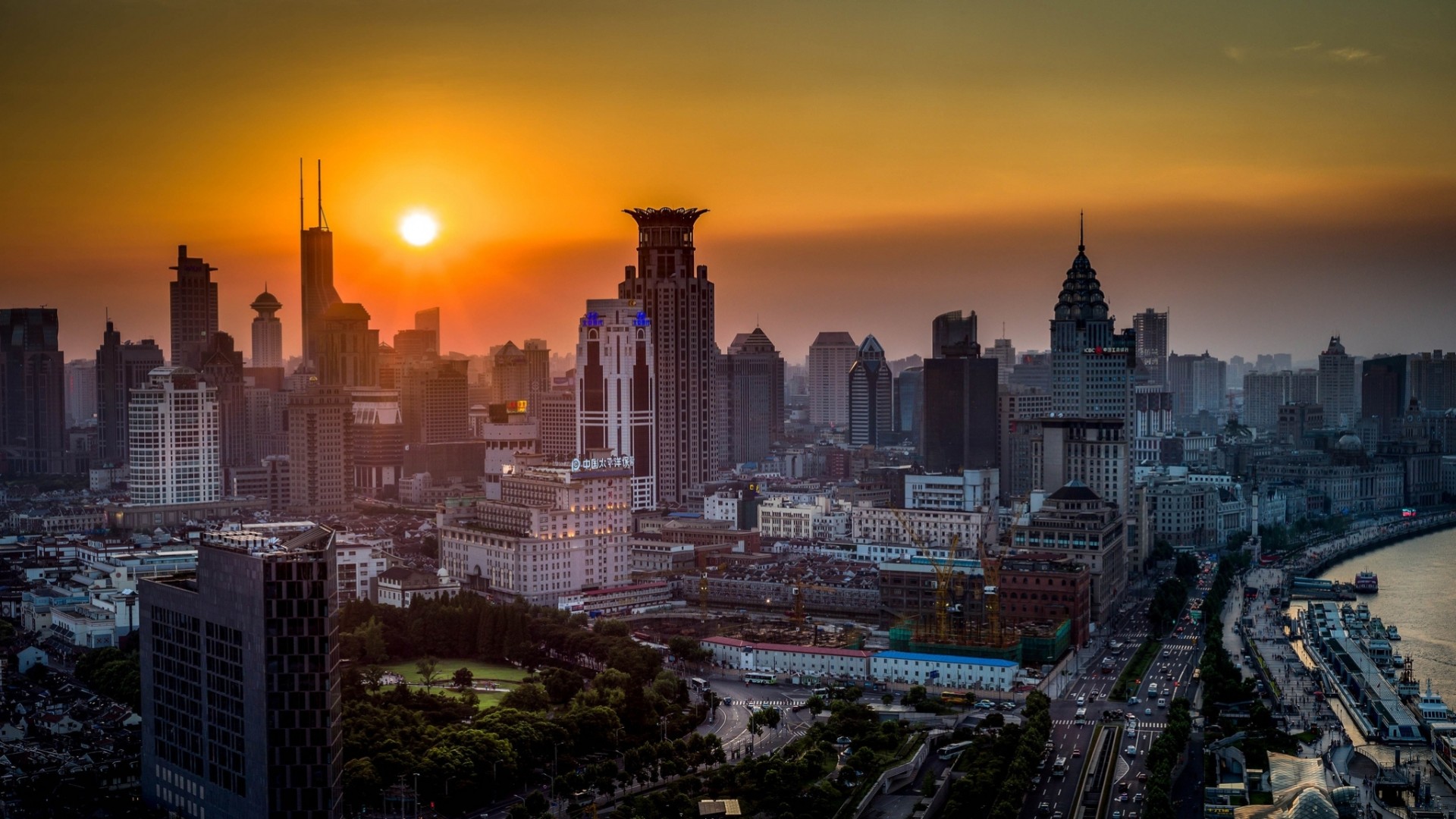 puesta de sol china rascacielos shanghai panorama edificio