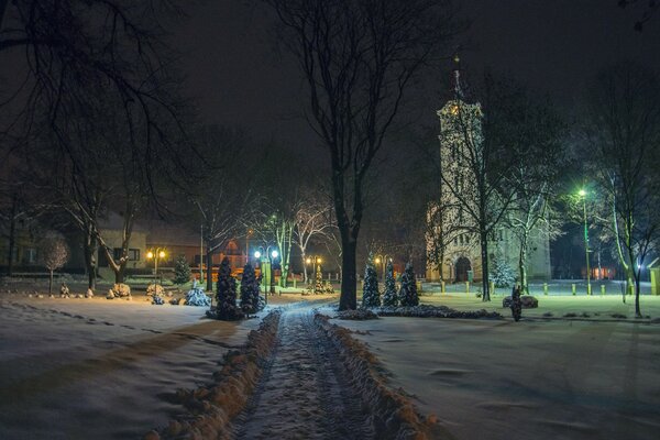 Snowy road in the light of lanterns