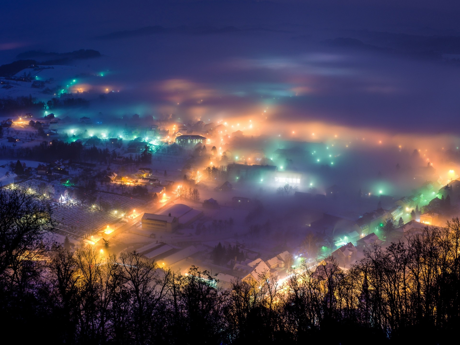 lights fog night town