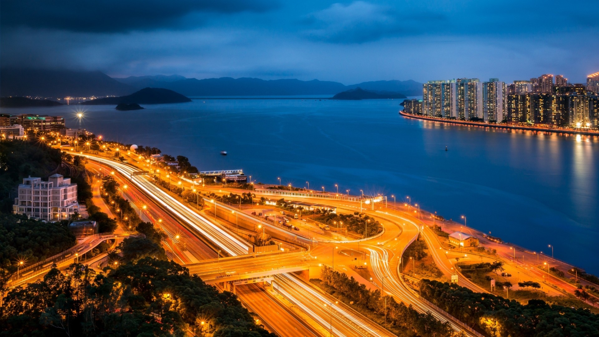 hong kong china puerto ciudad nocturna camino