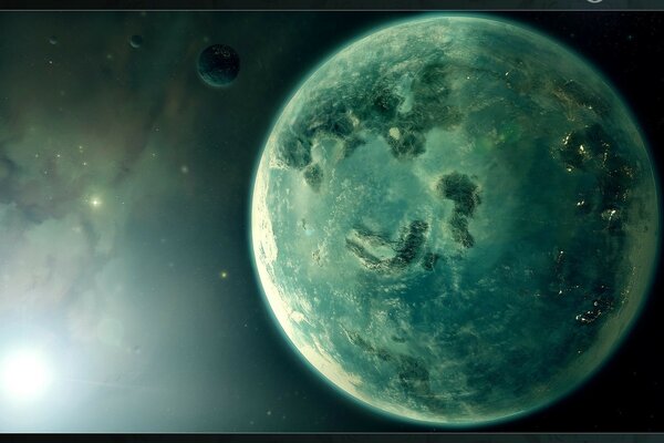 A greenish planet with a satellite illuminated by the hazy light of a star