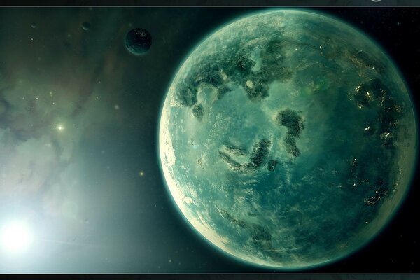 Planète verdâtre avec un satellite éclairé par la lumière brumeuse d une étoile